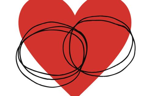 Illustration av rött hjärta med två ringar i.