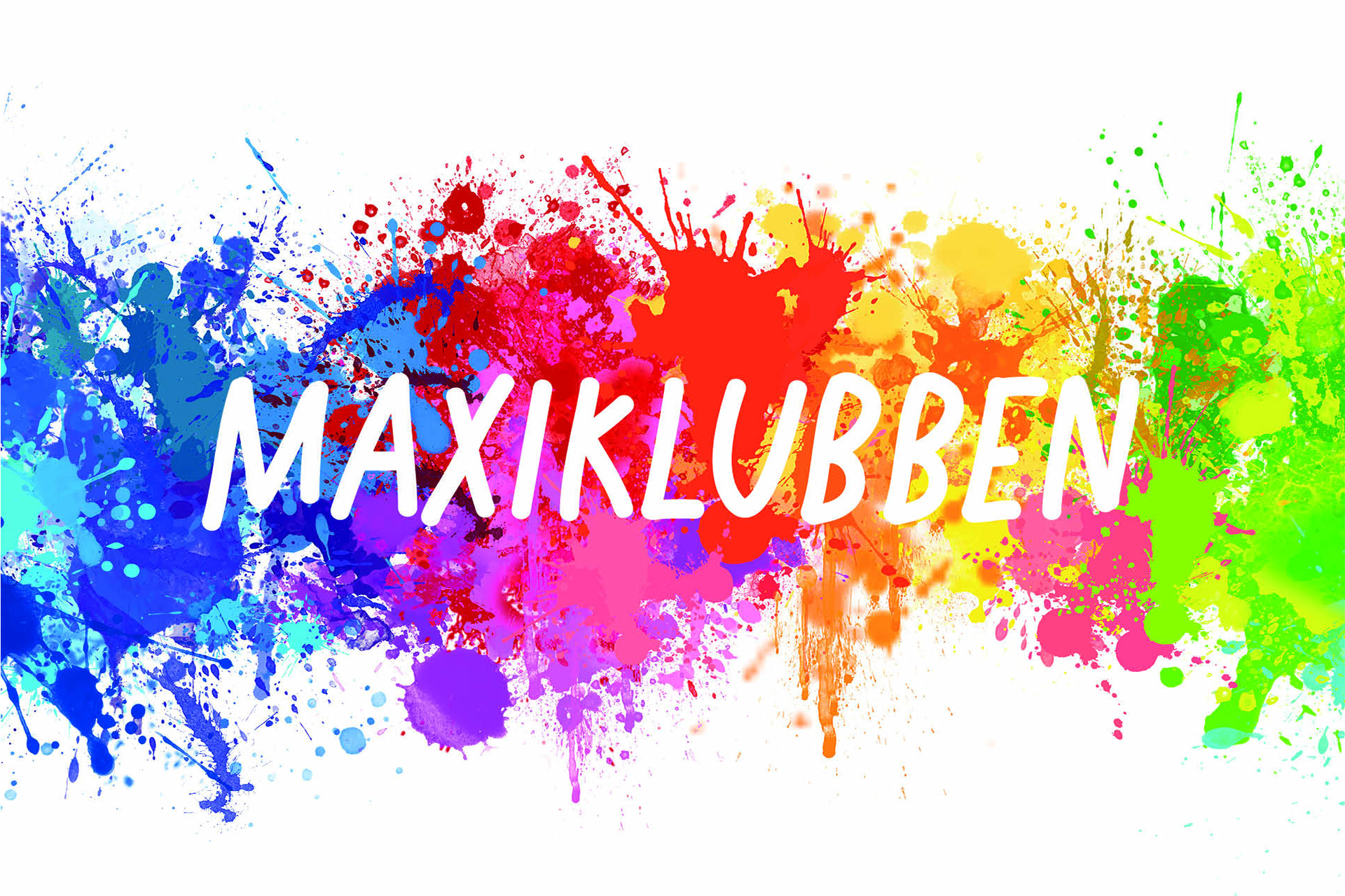 Texten Maxiklubben i vitt på en bakgrund med massa färger