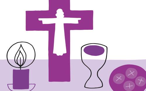 Illustration på nattvardsbord med kors, ljus, vin och oblater.