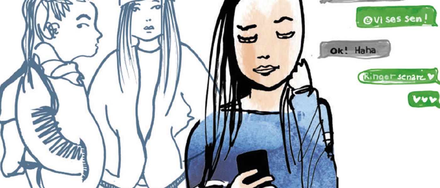 Illustration av en tjej som chattar med två kompisar i bakgrunden.