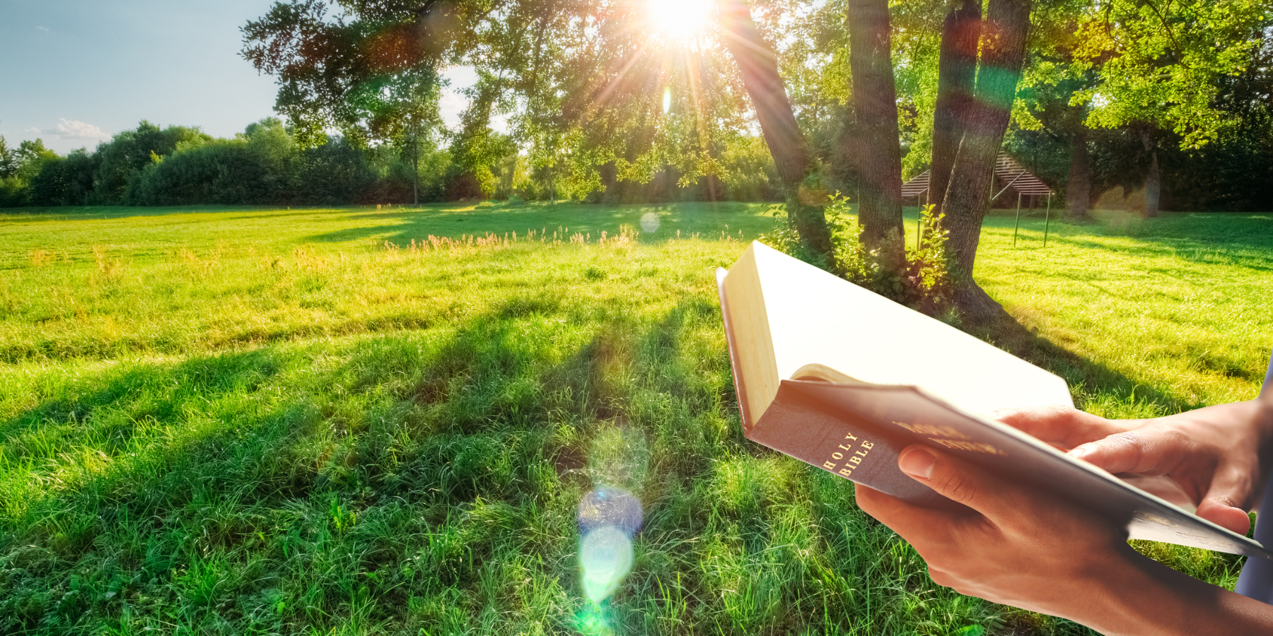 Sommarkväll och händer som håller i en Bibel
