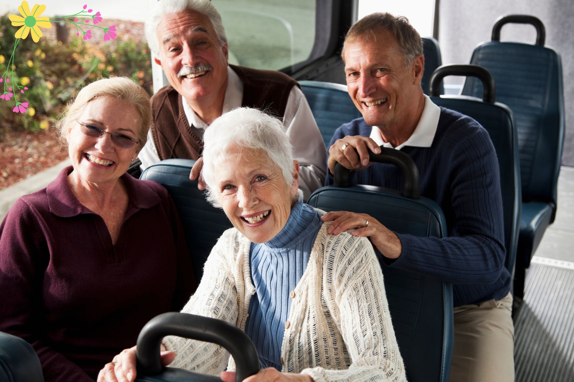 Glada människor i en buss