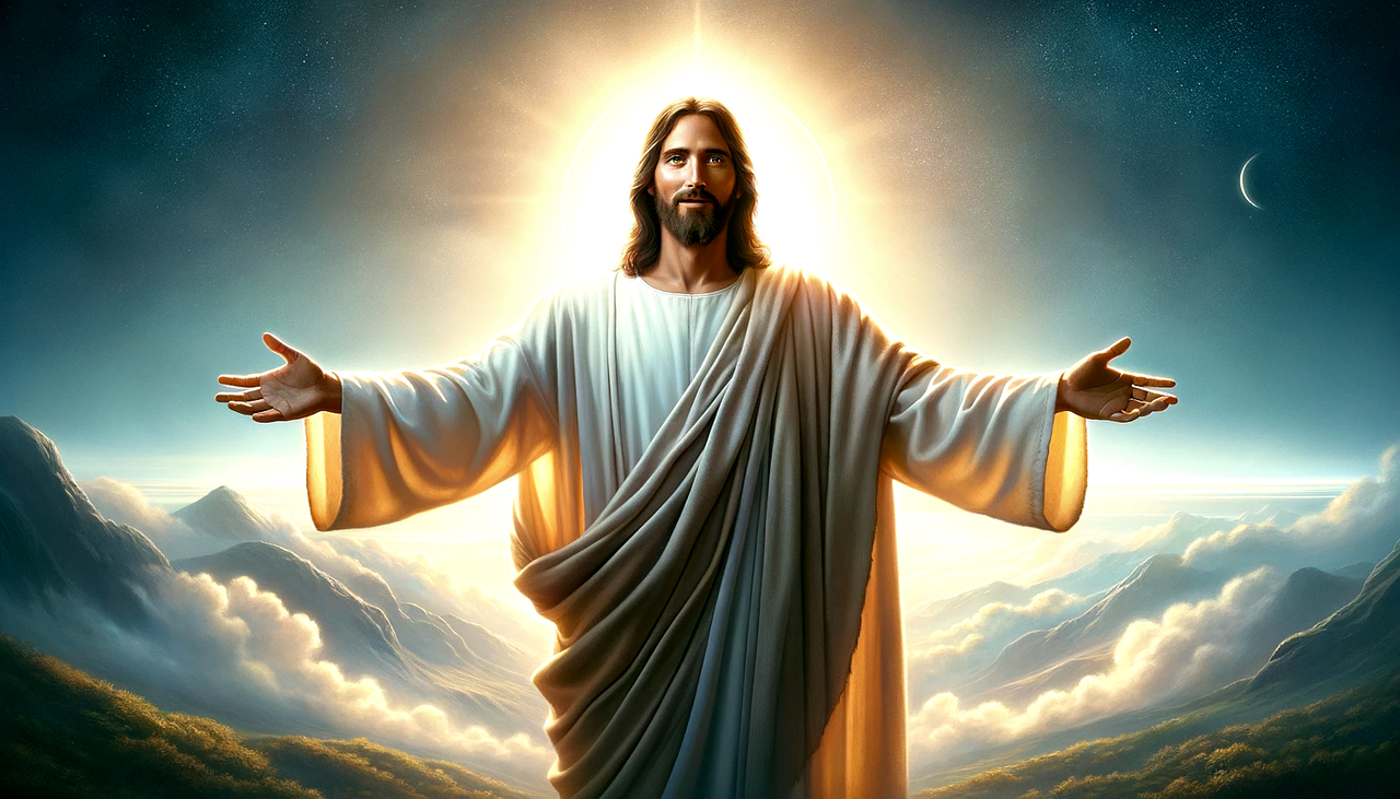 En målad bild på Jesus där han sträcker fram armarna, ett ljust sken bakom hans huvud