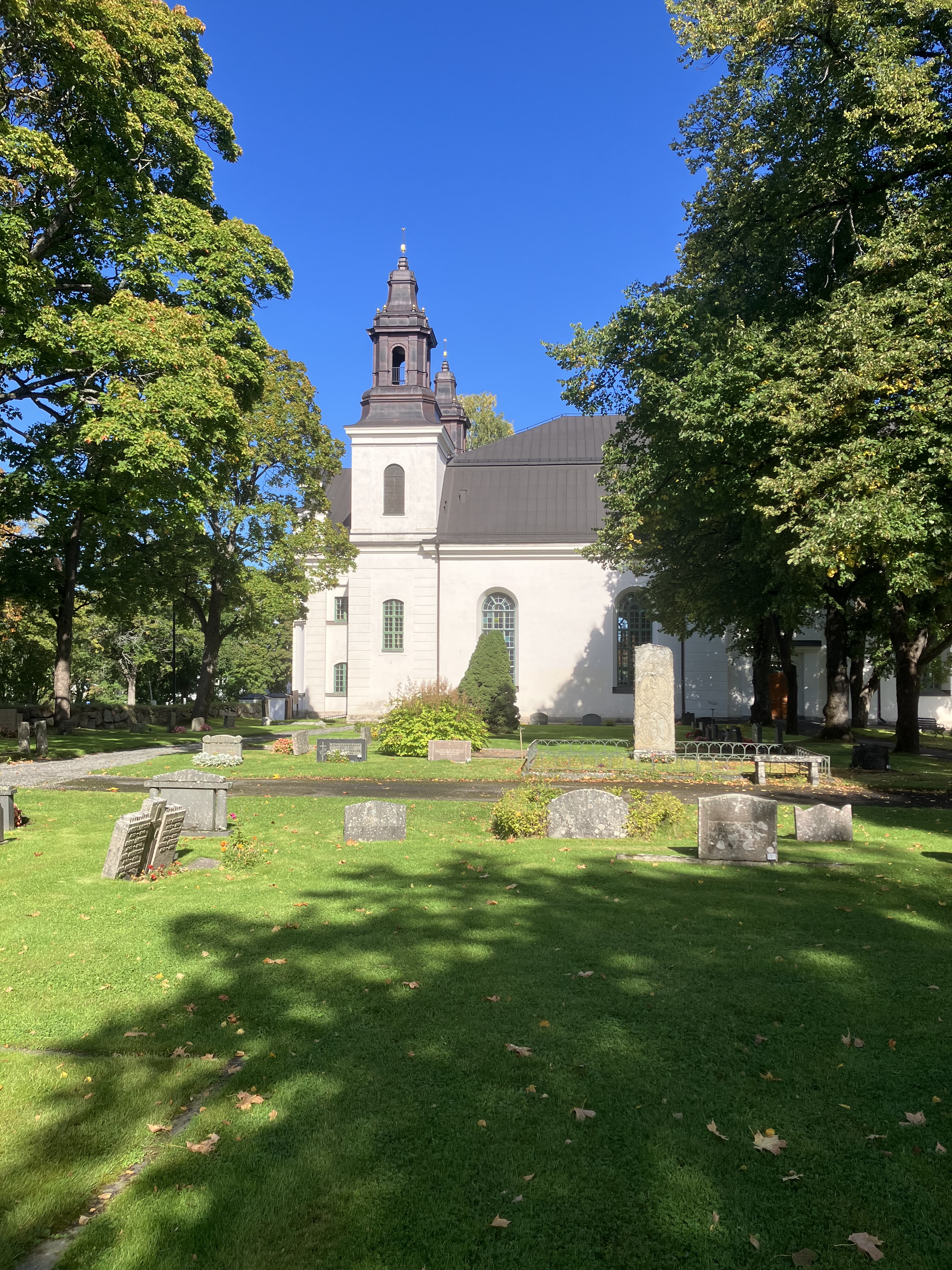 Vit kyrka med svart tak som står bakom träd och höstlöv som ligger på marken