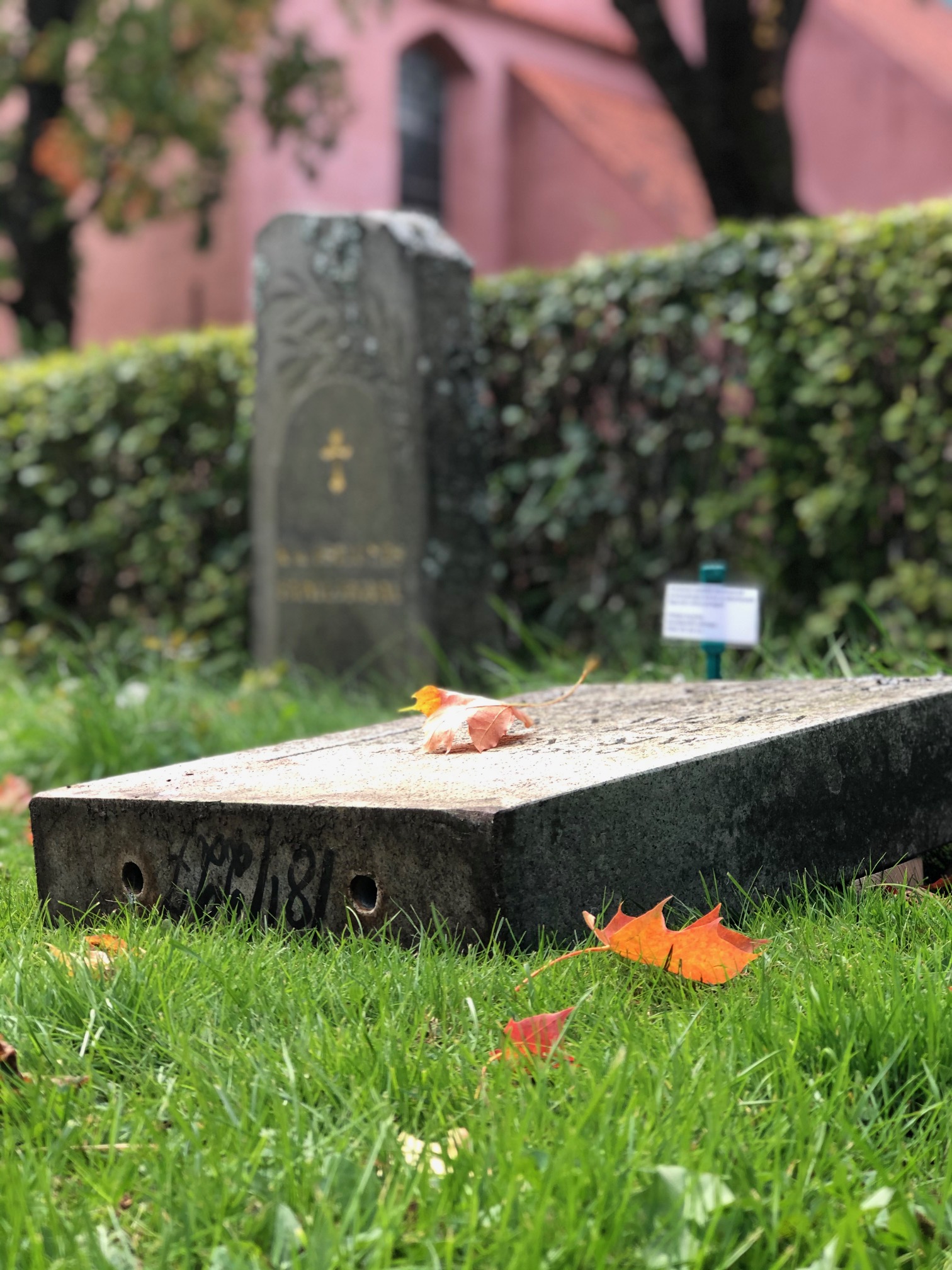 Liggande gravsten på kyrkogård.