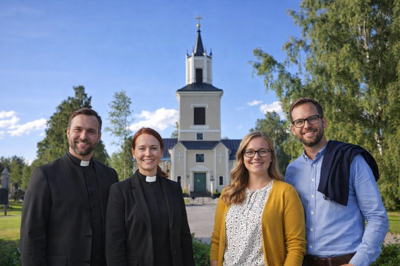 Fyra personer står framför Älvsby kyrka.Bilden är AI-genererad.