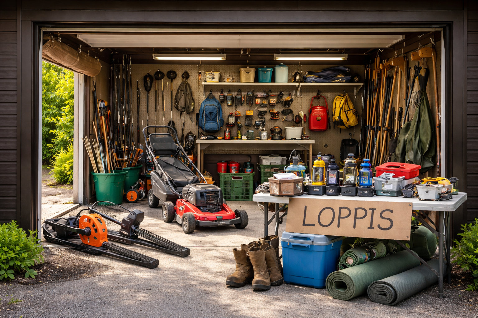 Garageloppis med diverse prylar till hem och fritid. Bilden är AI-genererad.