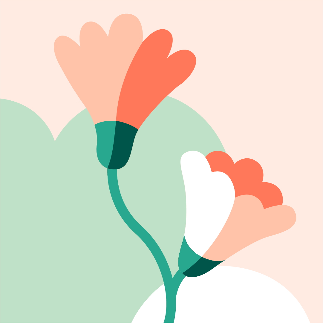 Illustration i grönt och orange med utslagna blommor