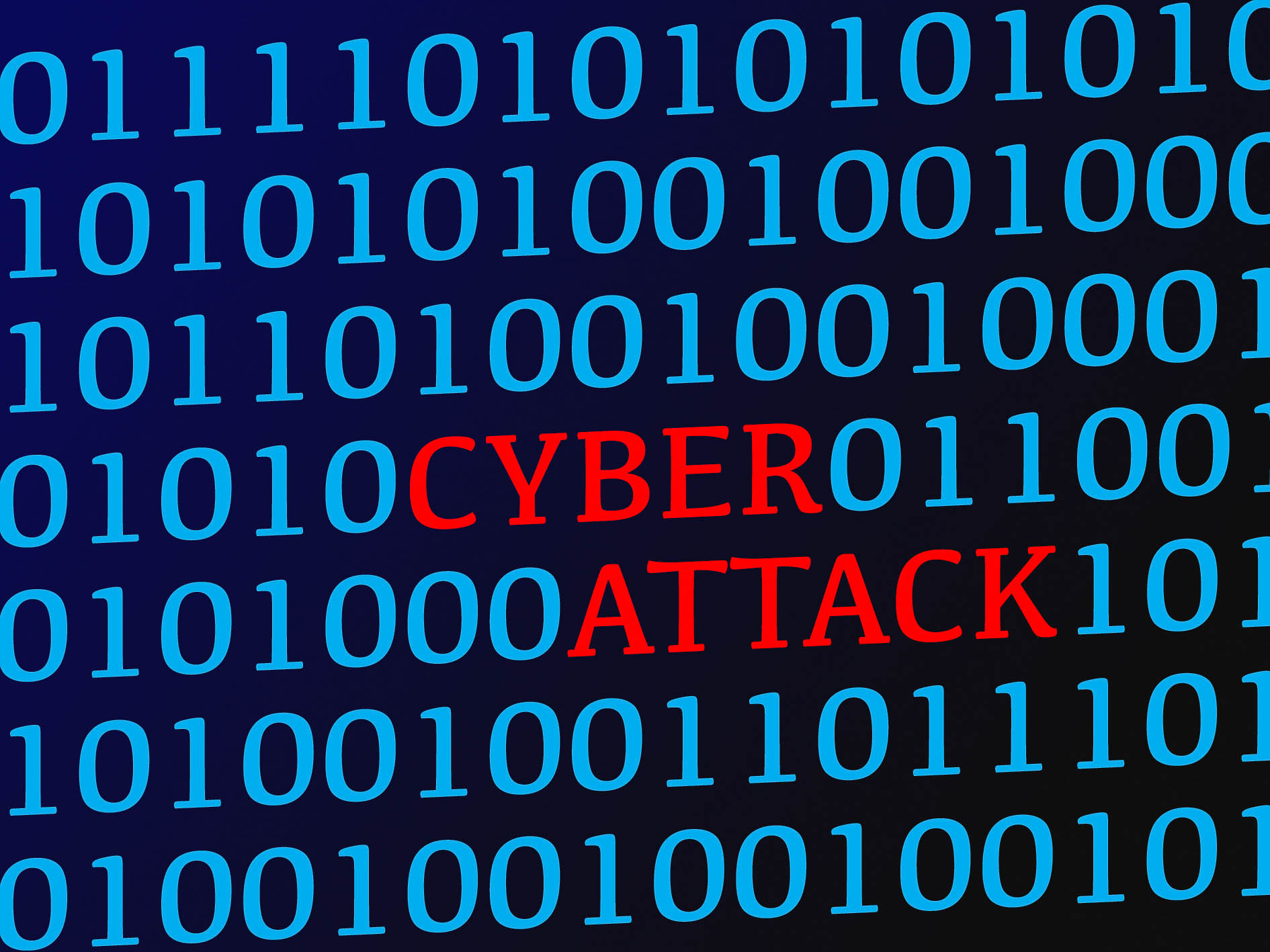 Skärm med ettor och nollor samt orden cyber attack.