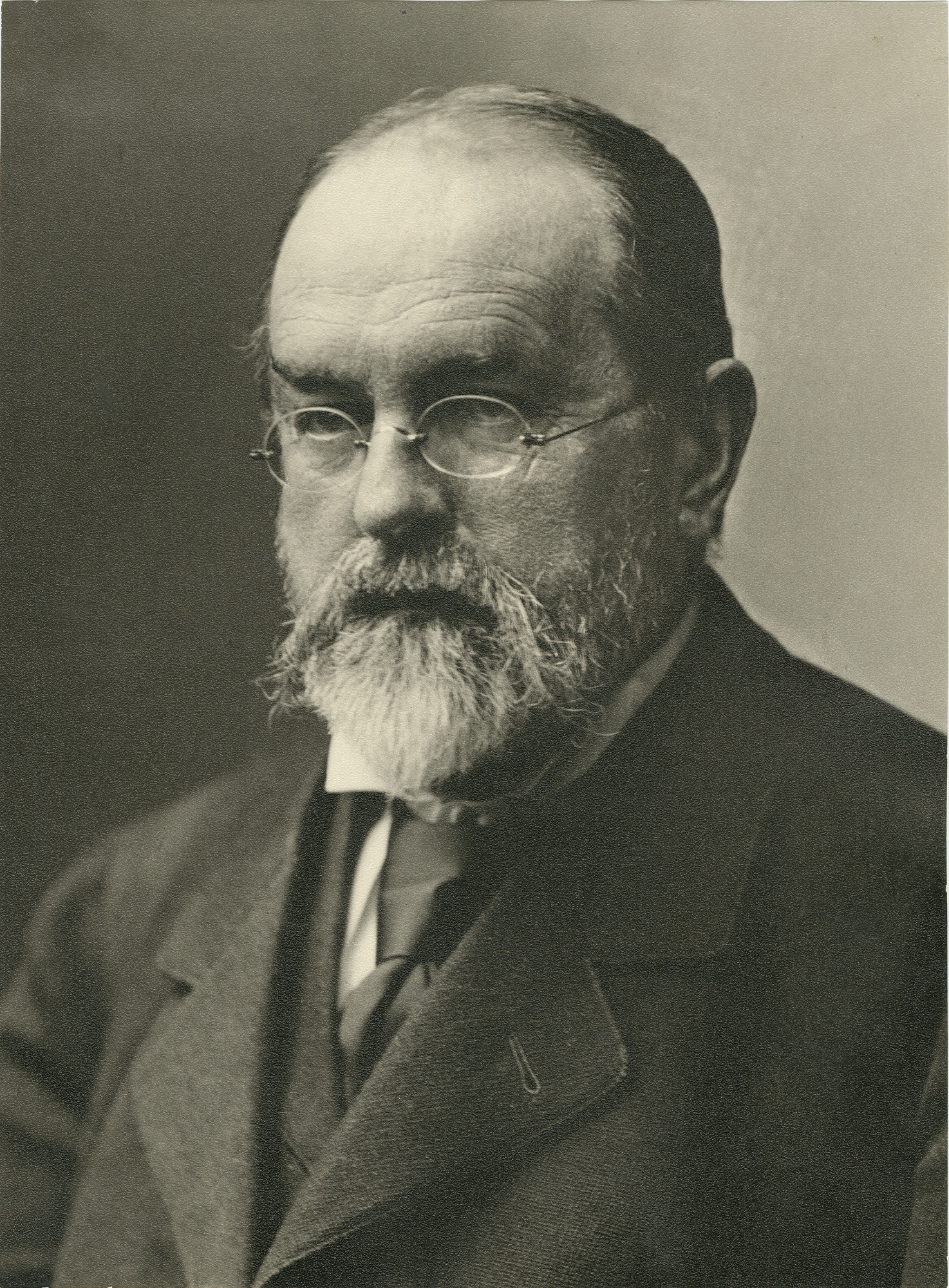 Svartvitt porträtt av Josef Rheinberger, med bakåtstruket hår och grånat skägg.