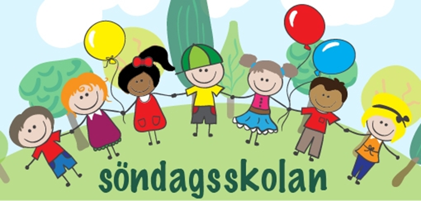 Glada barn med ballonger håller varandra i händerna och omgärdar ordet Söndagsskolan.