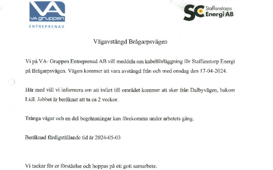 Brev från VA-gruppen om vägavstängningen.