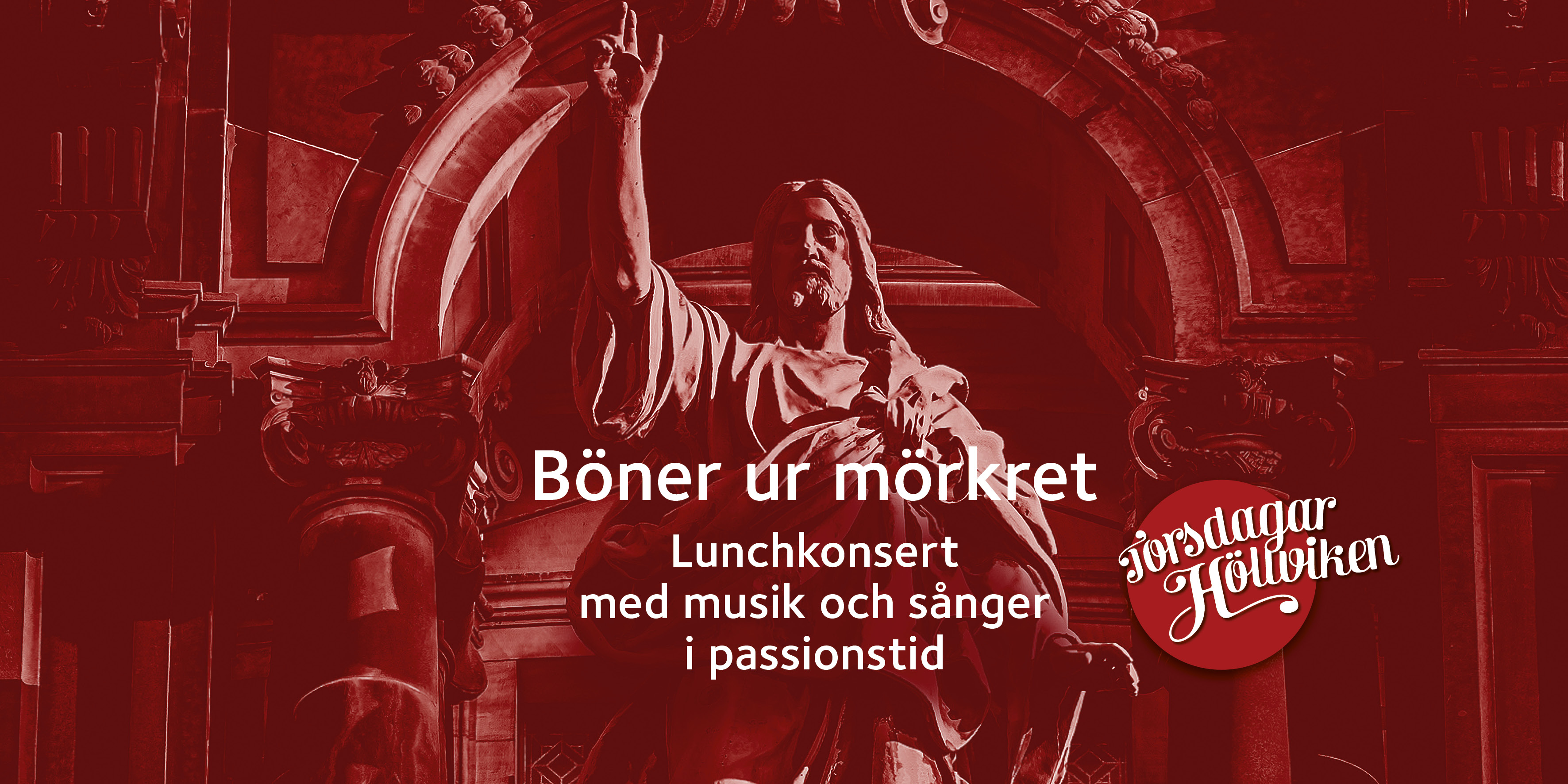 Religiös bild med röd förgrund och information om passionsmusik 2023