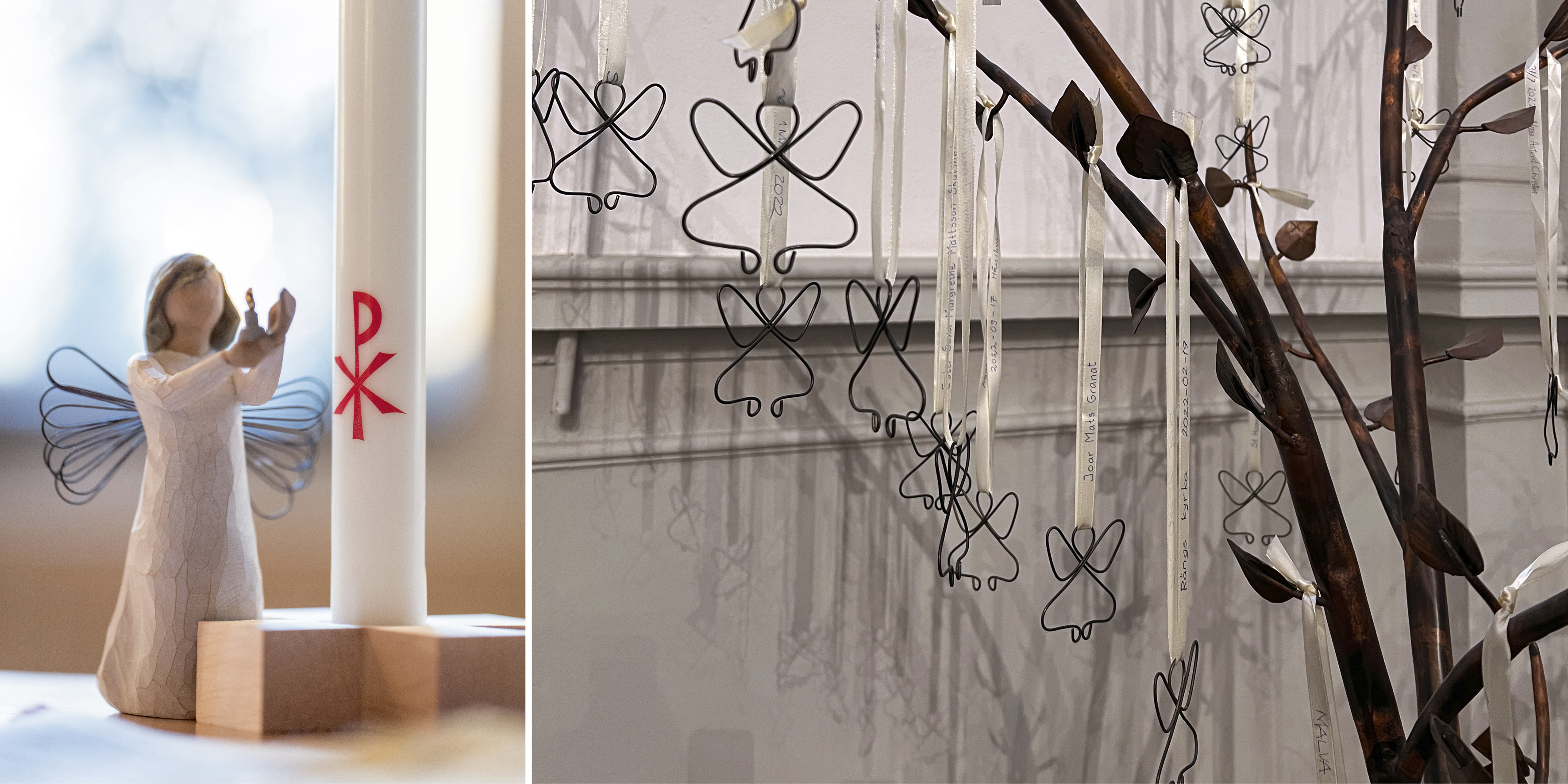 Till vänster: Ängel framför dopljus. Till höger: Dopänglar i träd i Stora Hammars kyrka i Höllviken. 