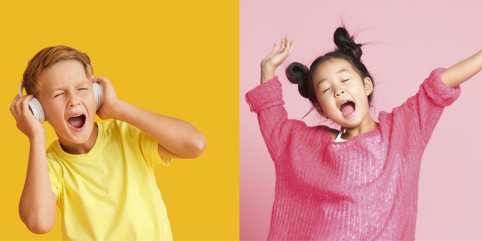 Till vänster: Pojke i gul tröja sjunger med glädje. Till höger: Flicka i rosa tröja sjunger med stor glädje. 