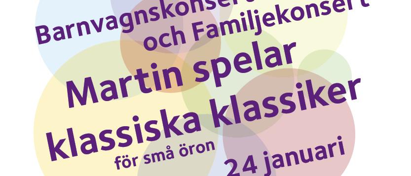 Ballonger i bakgrunden med text om barn- och familjekonsert 24 januari 2023.