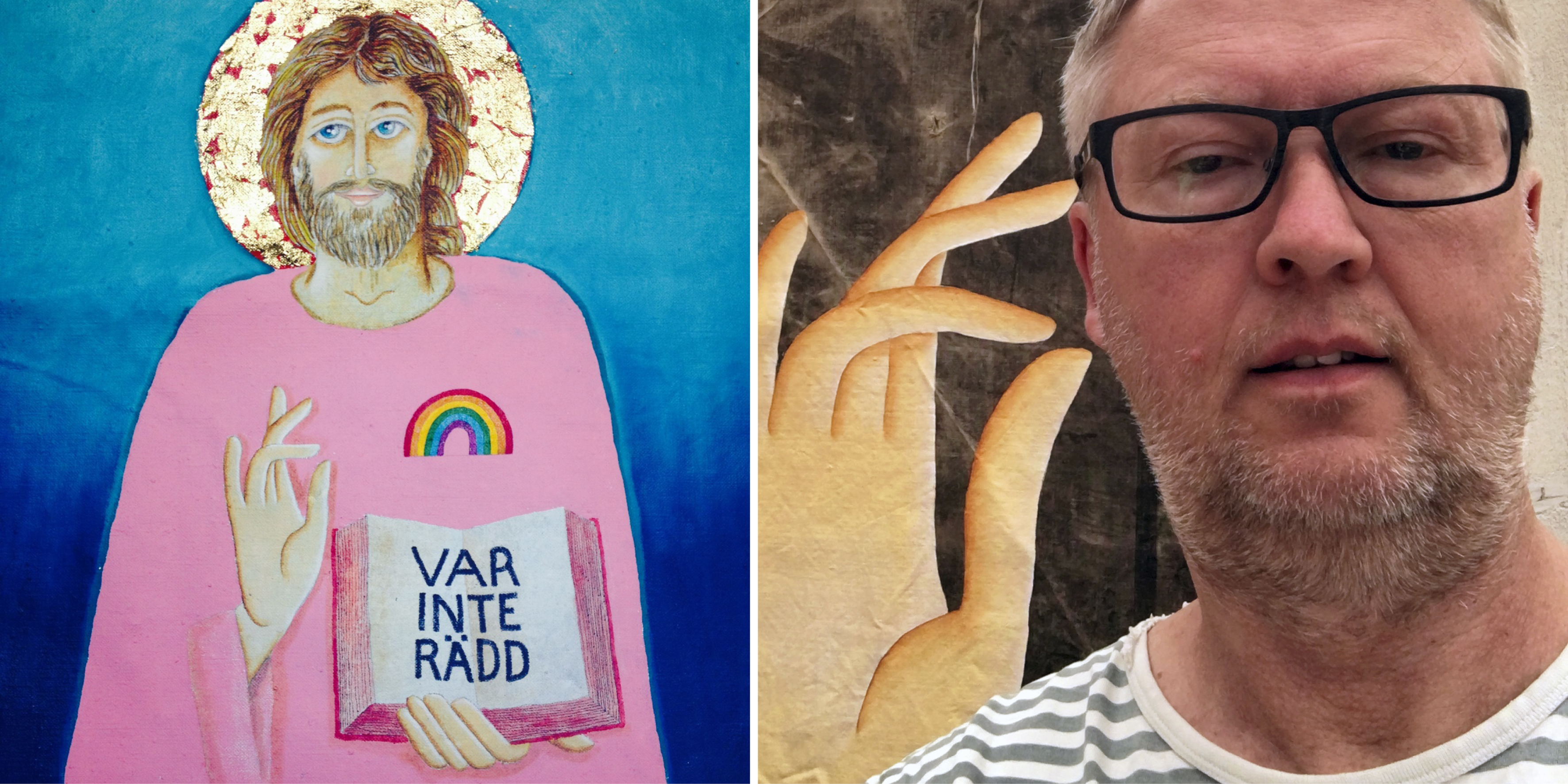 Till höger: Konstnären Mats Hermansson. Till vänster: Mats Hermanssons målning av Jesus med regnbåge. 