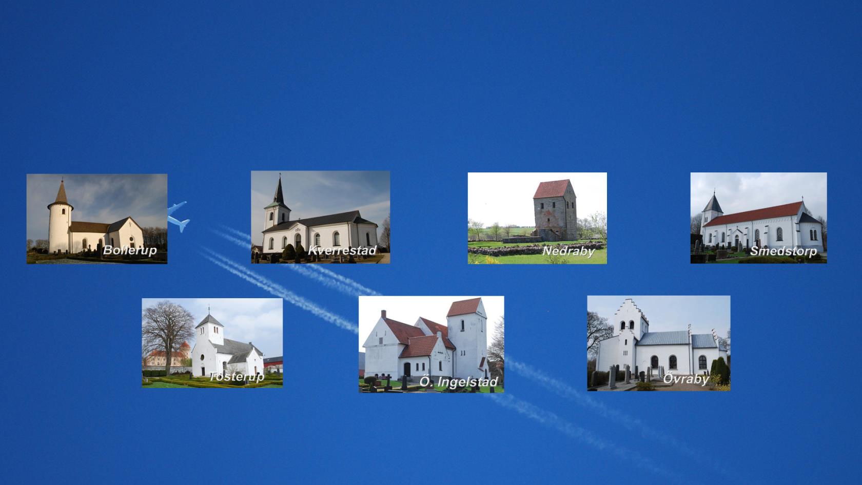 Bildmontage av församlingens samtliga kyrkor på blå himmel som bakgrund