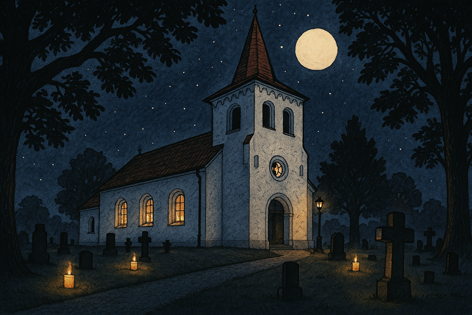 Tecknad vit kyrka med mörk bakrund med fullmåne 