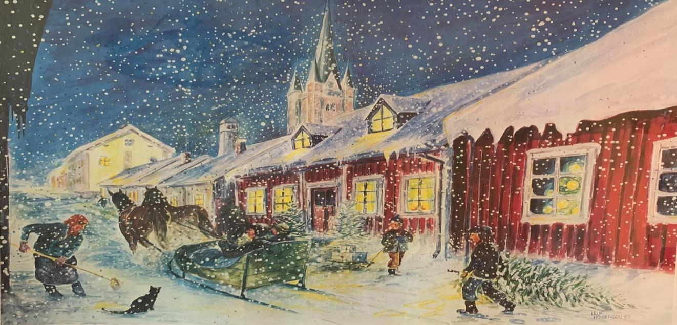 Målad bild av snöig gata i gamla stan med häst och släde.