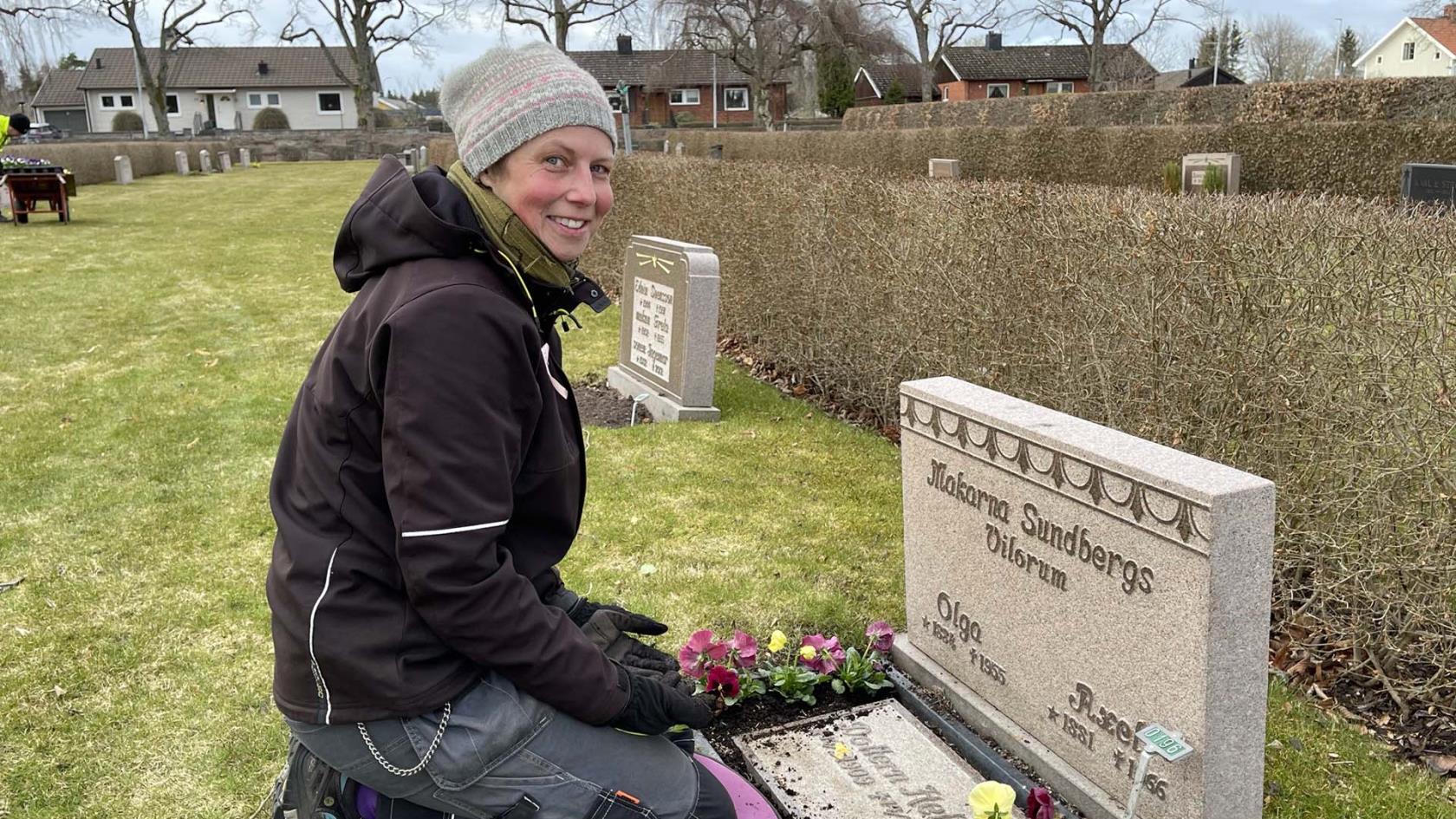 En kvinnlig kyrkogårdsarbetare planerar vårblommor på en grav.