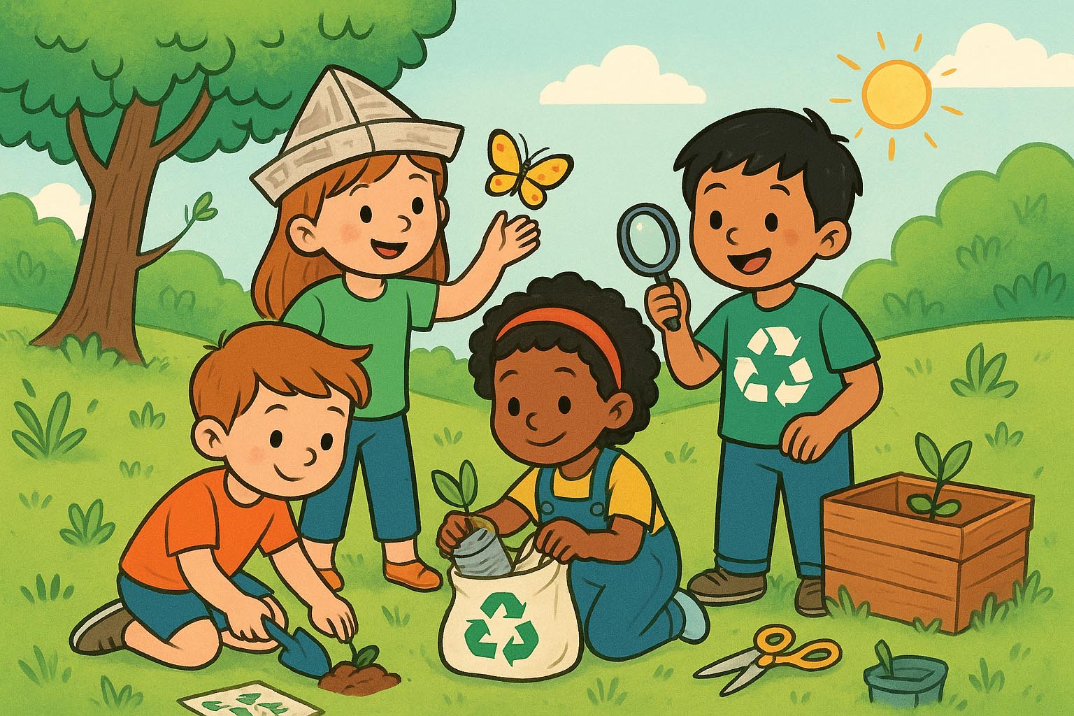 Tecknad bild på barn som planterar växter.