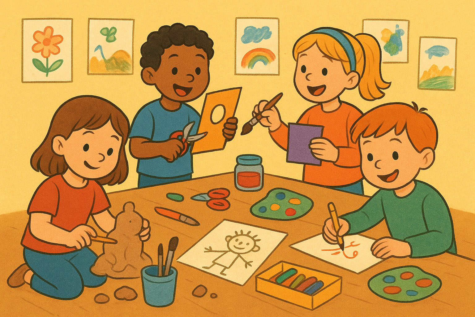 Tecknad bild på barn som målar.