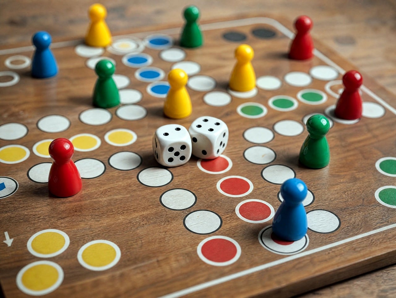 Tärningar och olikfärgade spelpjäser står på ett brädspelsbord.