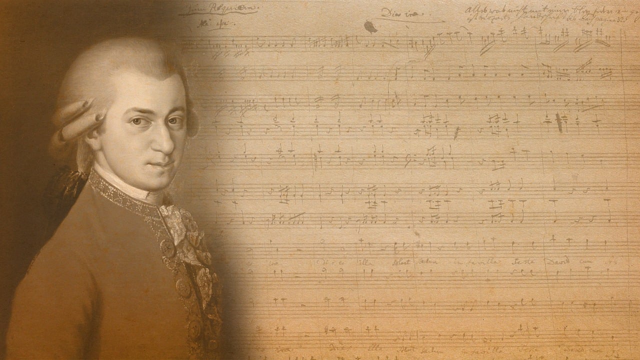 Tecknad bild av kompositören Mozart bredvid sina handskrivna noter.