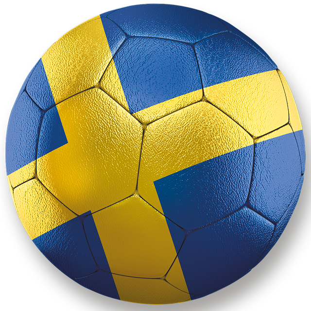 En blå fotboll med ett gult kors på.
