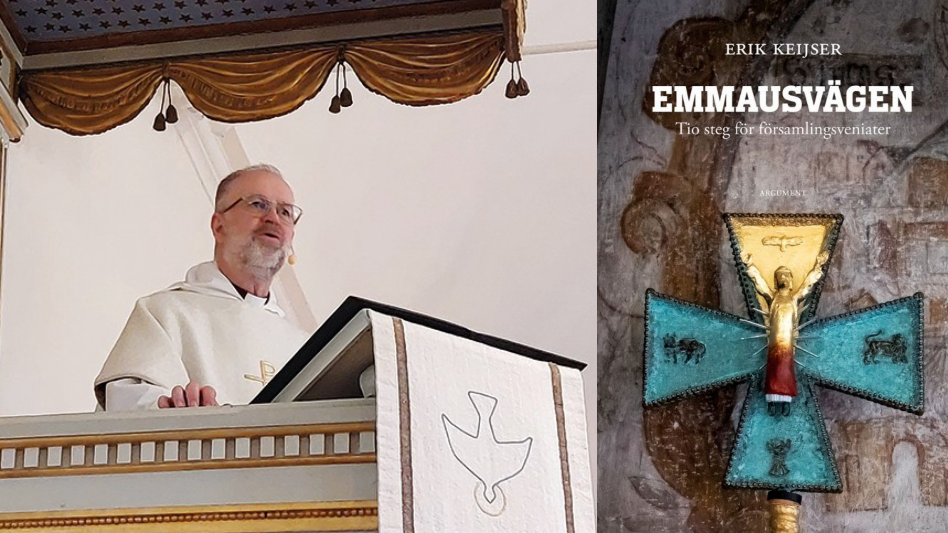 Präst i predikstol samt bokomslag "Emmausvägen"