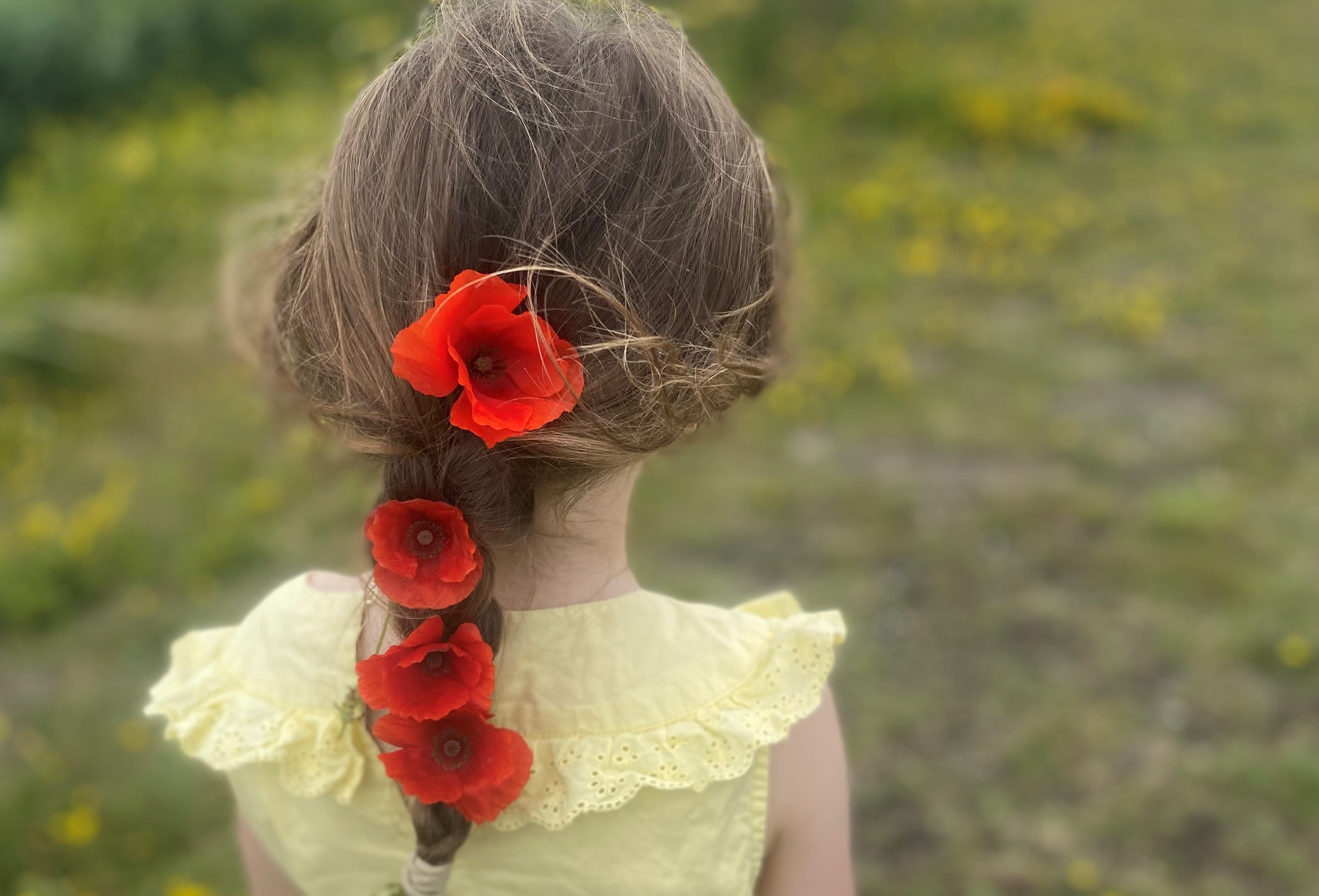Bilden visar en flicka bakifrån med gul klänning och fläta med fyra vallmoblommor