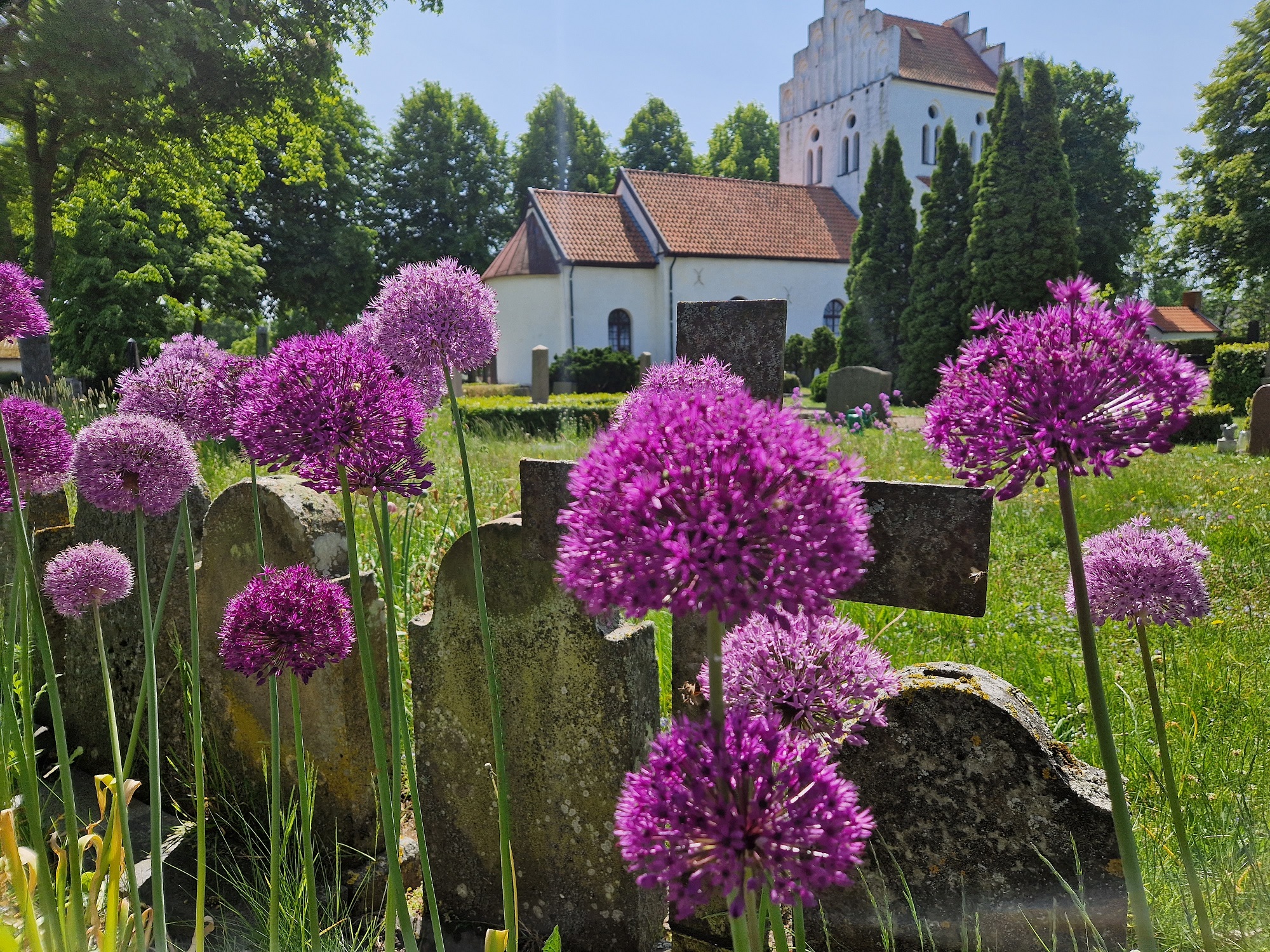 Kyrka med blommor i förgrunden