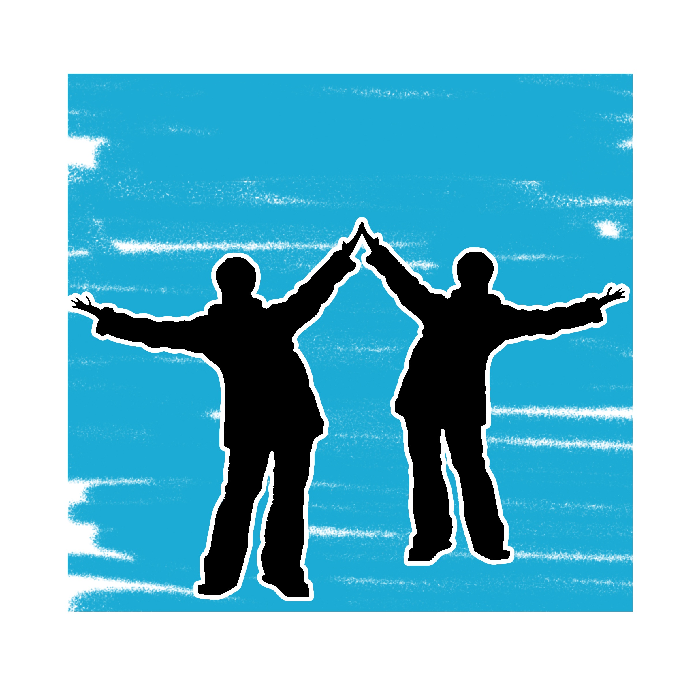 Två tecknade människor mot blåstråkig bakgrund.