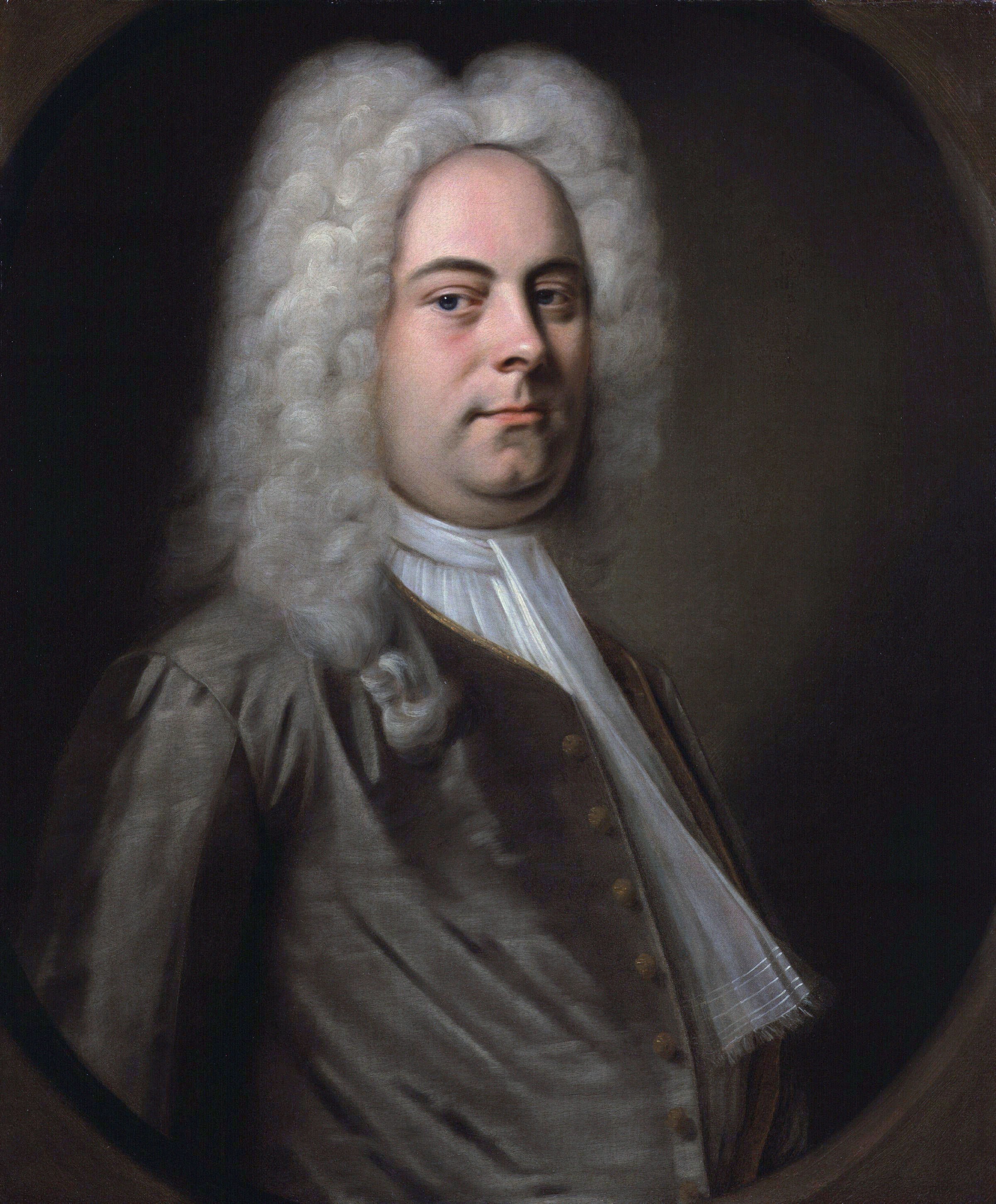 Kompositören G. F. Händel med ljus, lockig, långhårig peruk och vit kravatt.