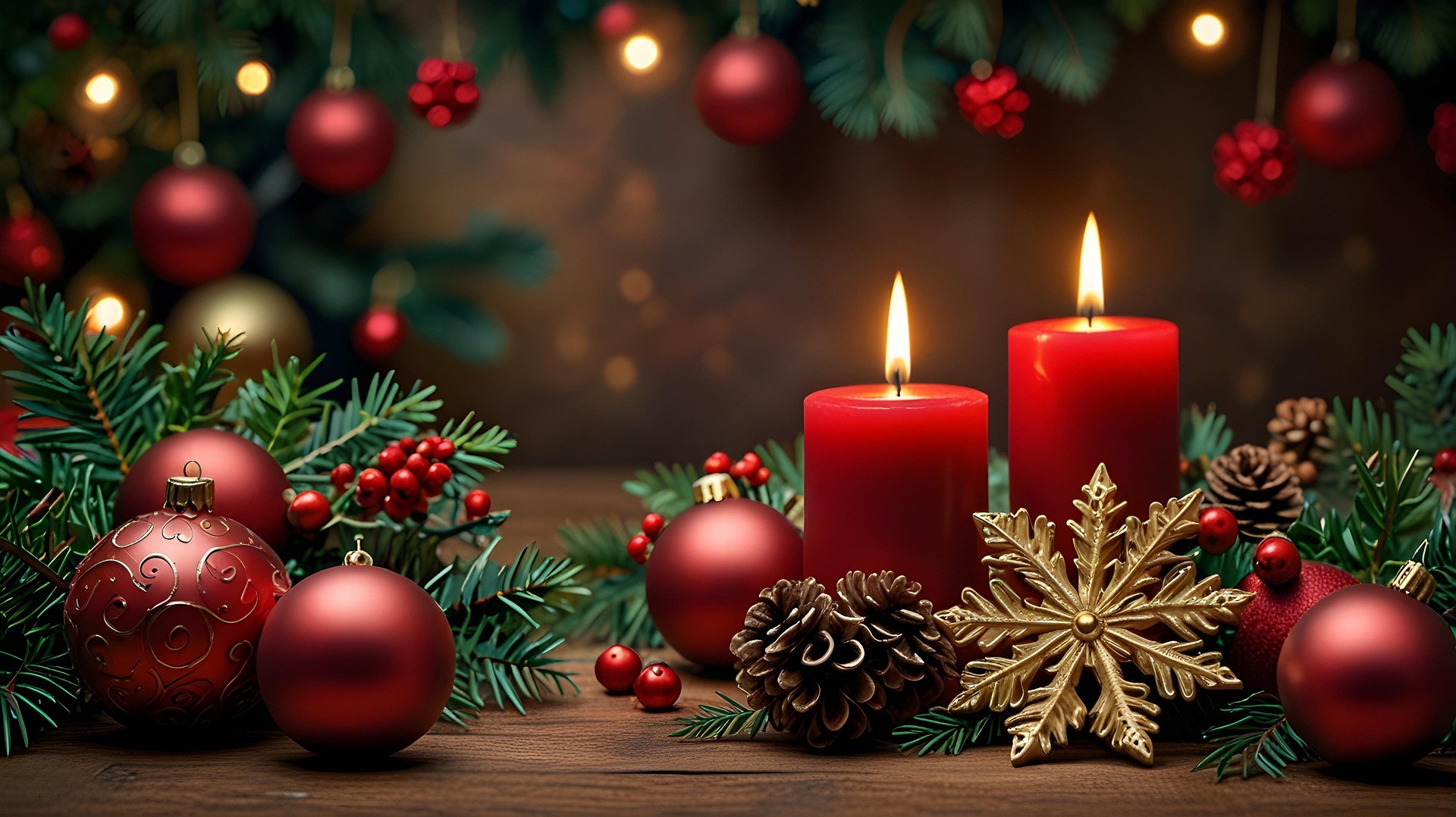 Två röda blockljus brinner med klar låga omgivna av kottar, stjärnor, granbarr och röda julgranskulor.