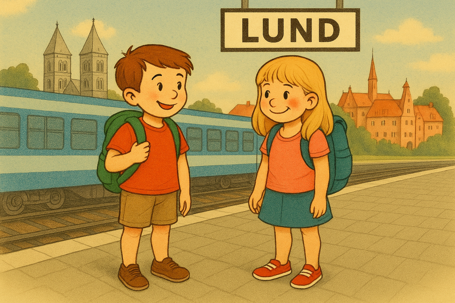 En pojke och en flicka står på perrongen vid tåget i Lund. Tecknad bild av barn, tåg och Lunds domkyrka.