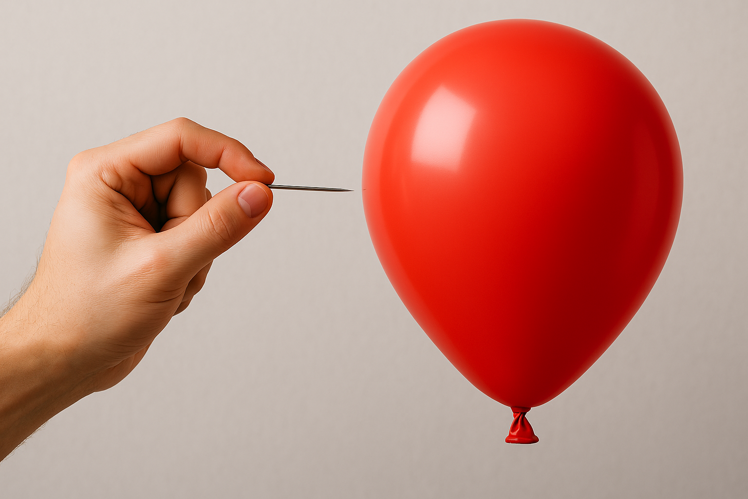 En hand med en vass nål som pekar mot en uppblåst orange ballong.