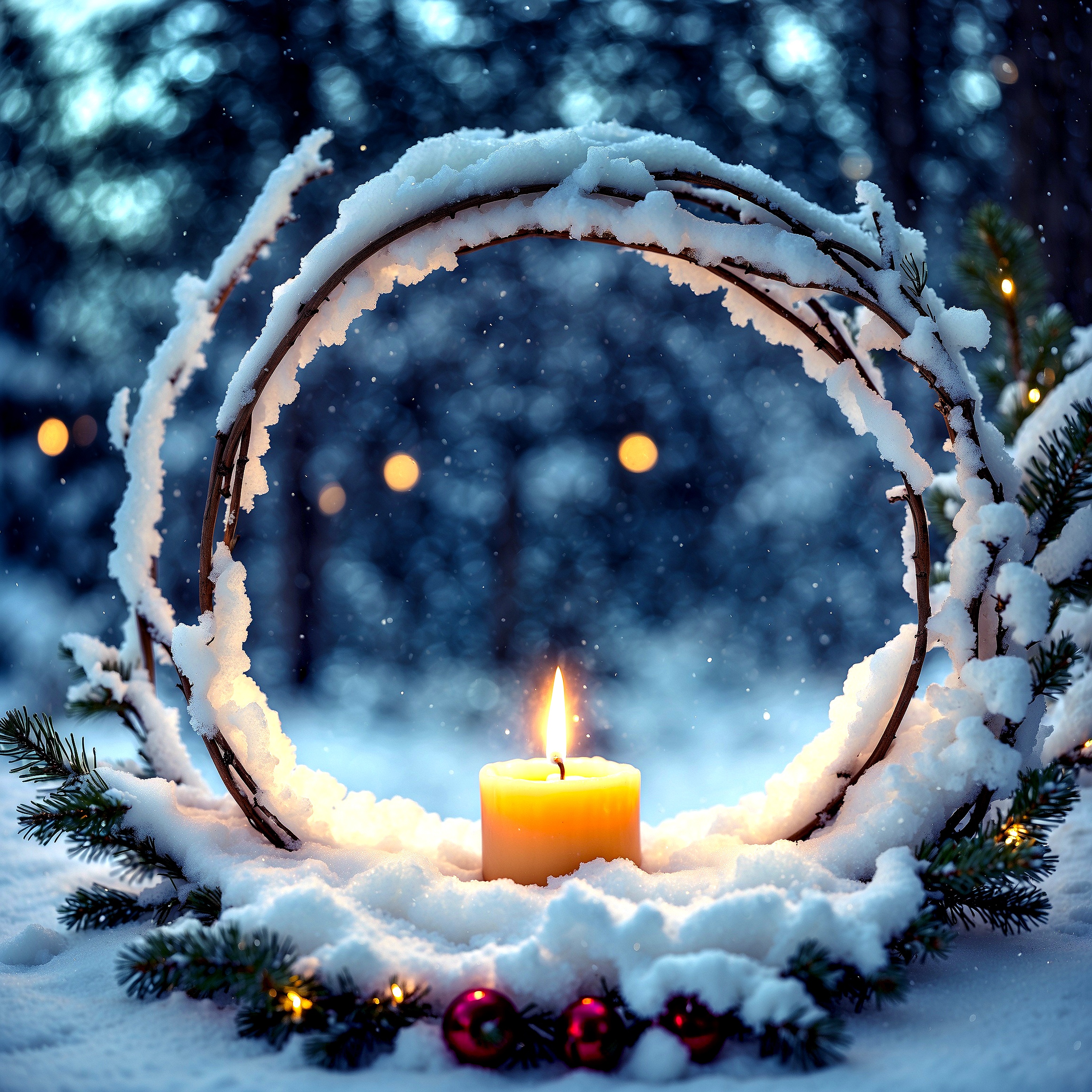 En snötäckt grankrans på högkant med ett tänt ljus i mot en vintermörk bakgrund.