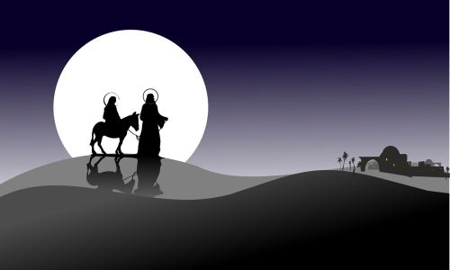 Maria rider på en åsna som Josef leder i månens sken. Illustration i mörkt lila toner.
