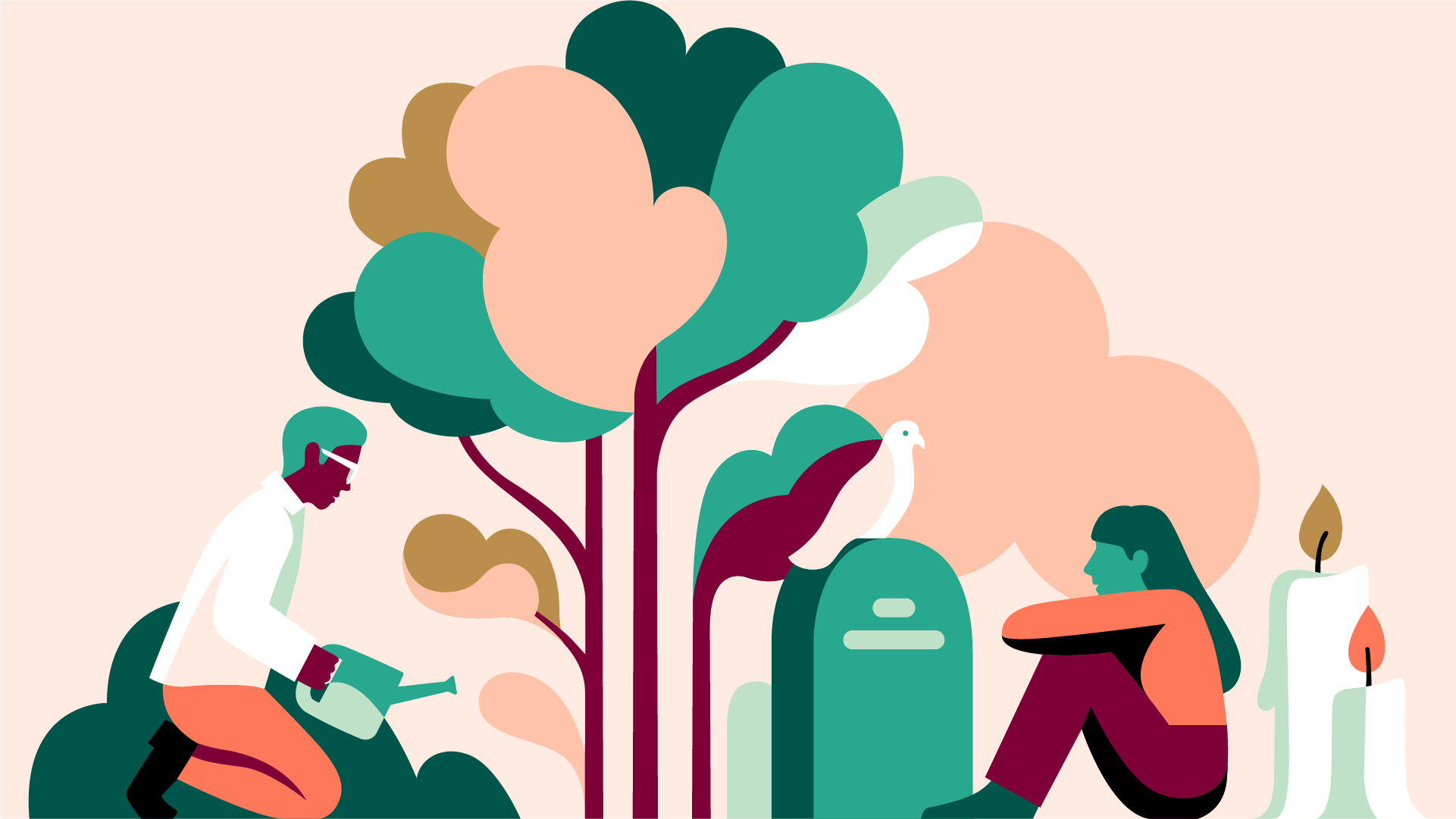 Illustration med en man som vattnar och en kvinna som sitter vid en gravsten.