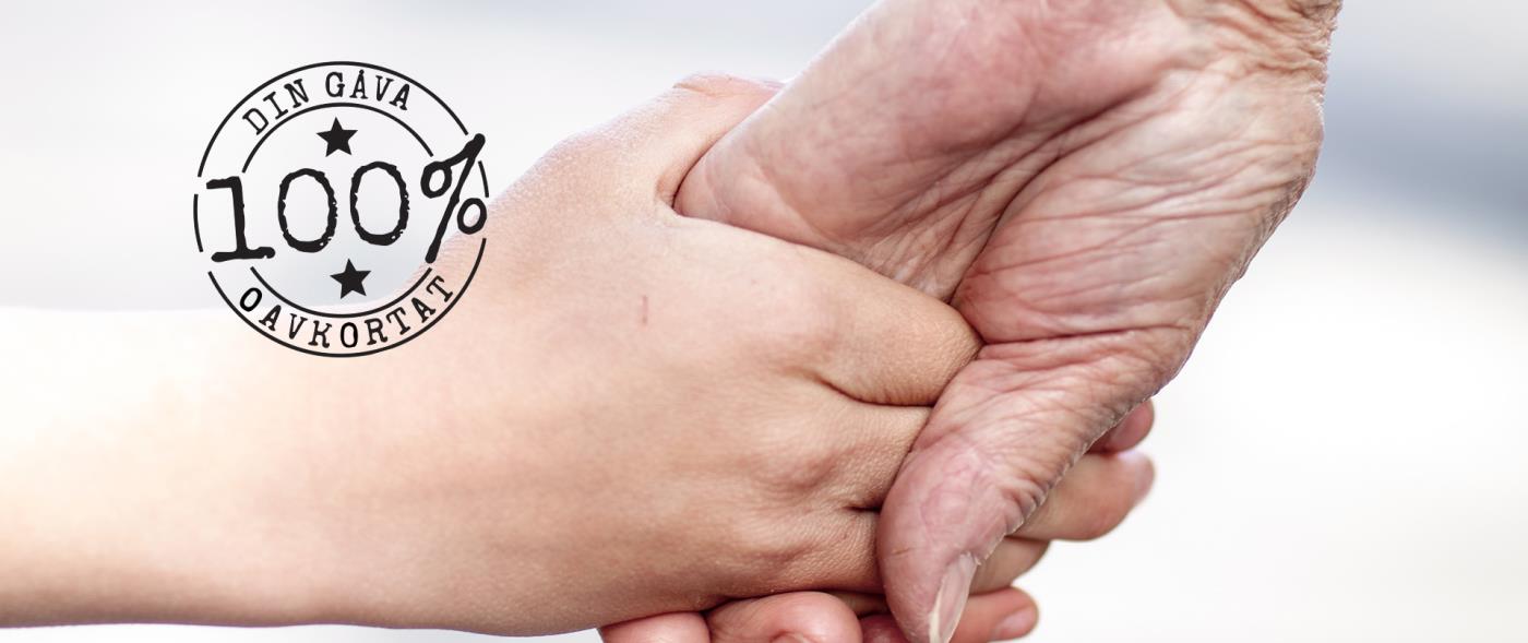 En hand som hjälper en annan. Stämpel som säger "Din gåva 100% oavkortat"