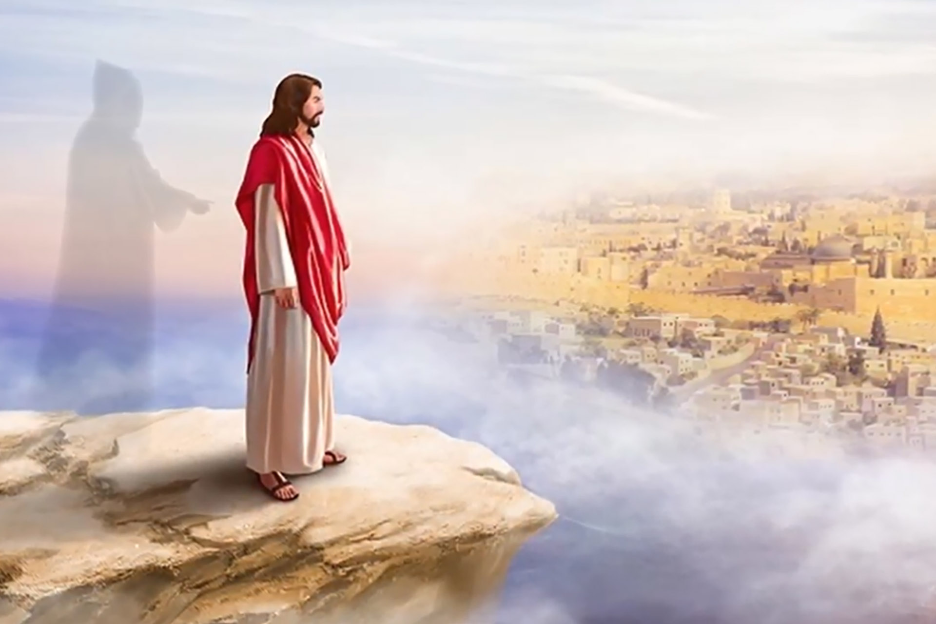 Målning av Jesus på en klippa som ser ut över Jerusalem