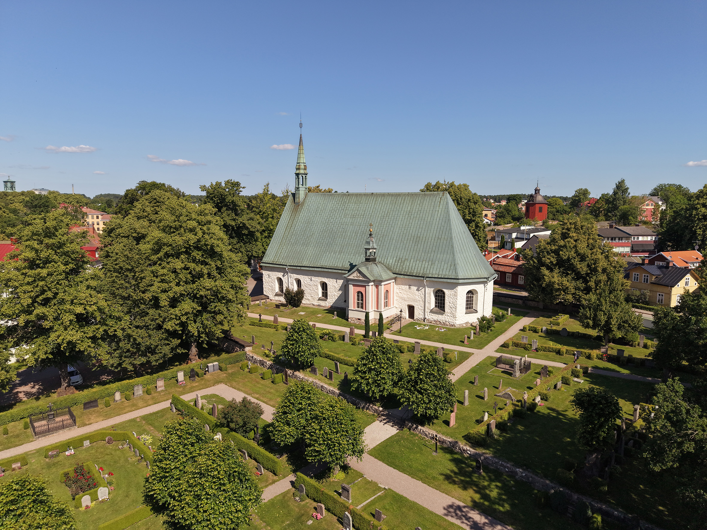 Flygfoto över Alla Helgona kyrka och Östra kyrkogården