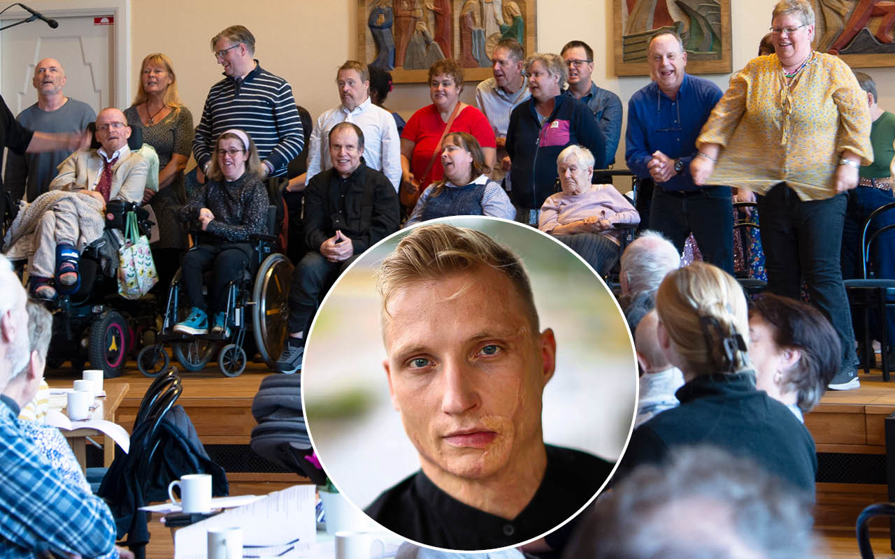 Kören Glädjen och en infälld bild av Axel Schylström