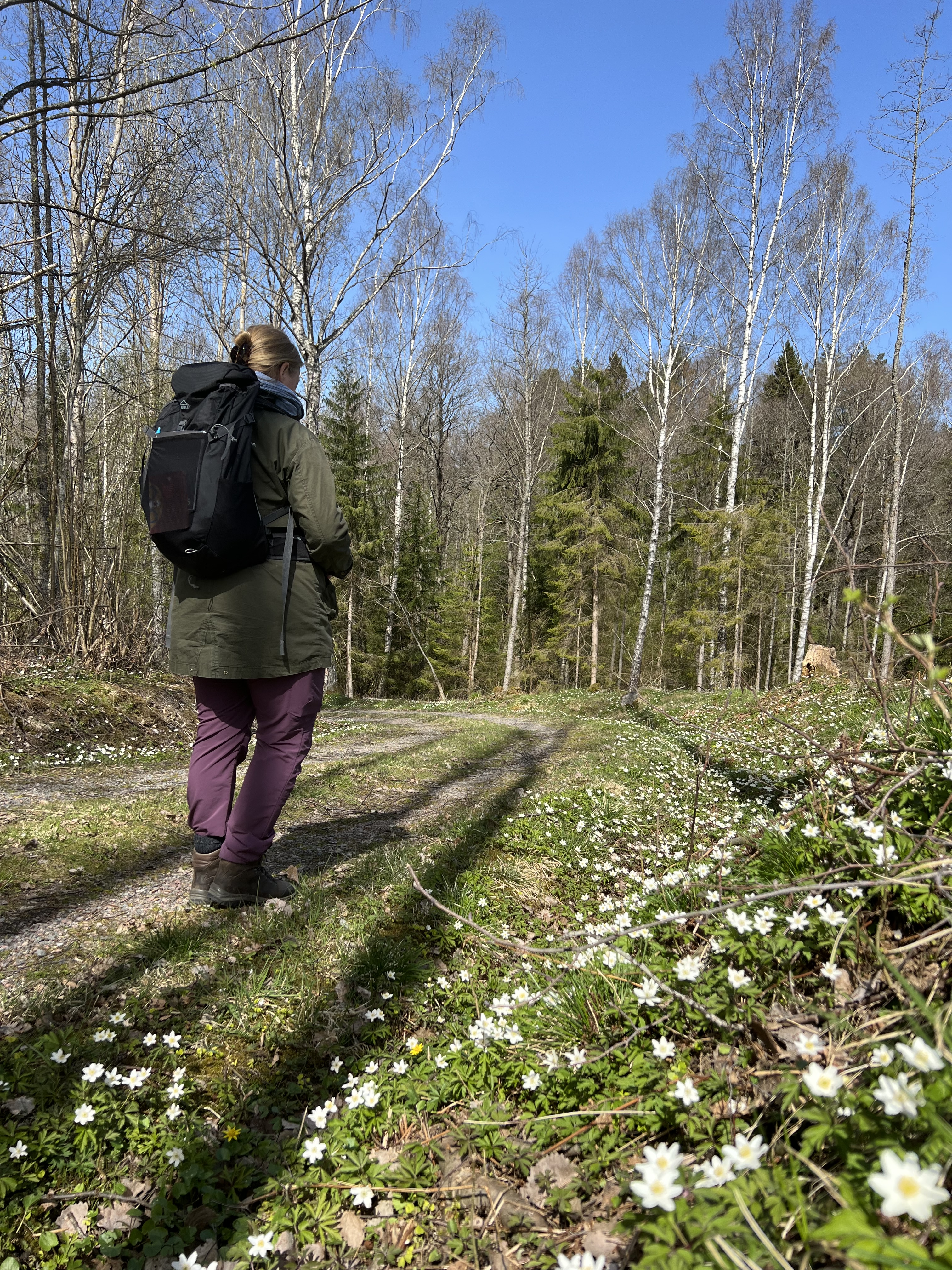 Person med ryggsäck som går längs en grusväg
