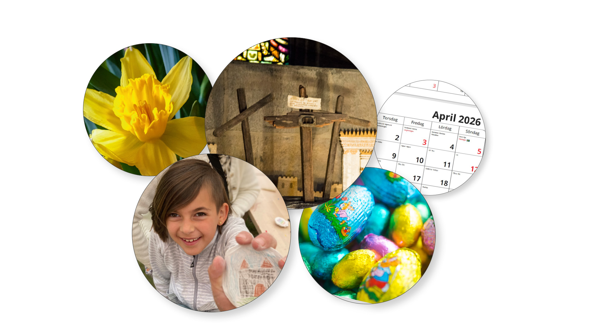 Fem cirklar med påsklilja, golgata, almanacka, flicka och påskägg i.