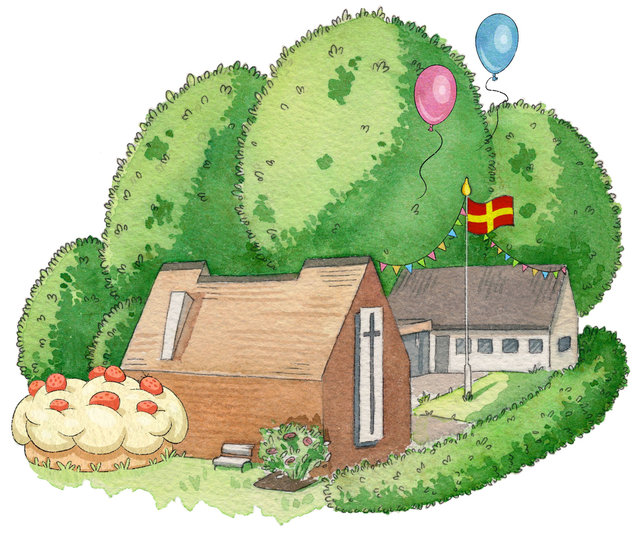 Illustration av Torns församlingsgård med tårta flaggor och ballonger