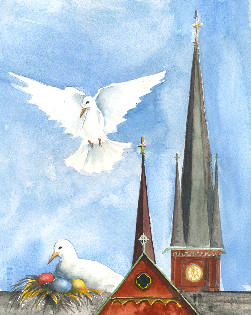 Akvarellmålning med Oscar Fredriks kyrktorn och en stor vit fredsduva som breder ut sina vingar på ljusblå himmel.