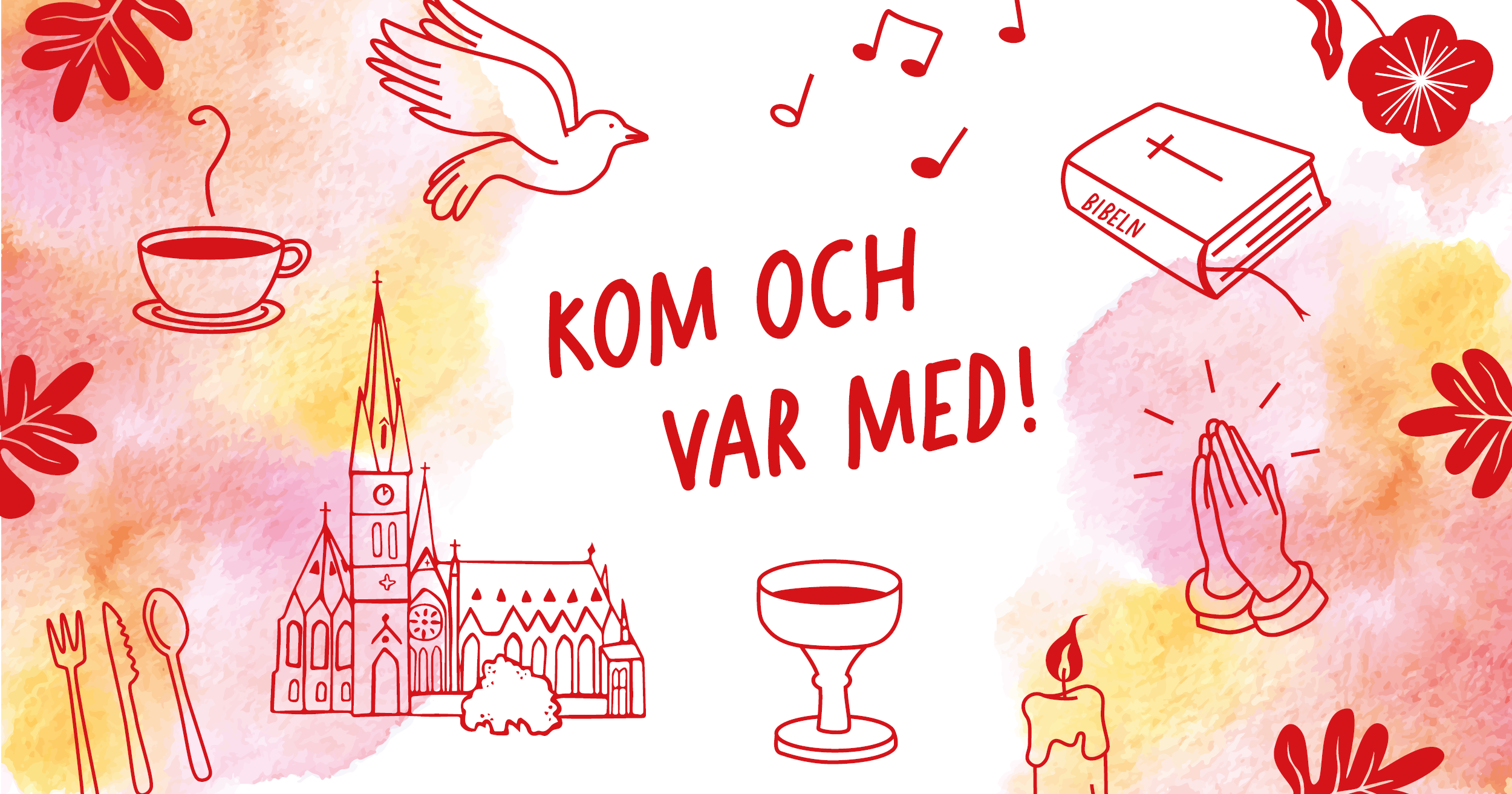 Illustrationer som representerar olika saker att hjälpa till med under gudstjänst. Text i bild: Kom och var med!